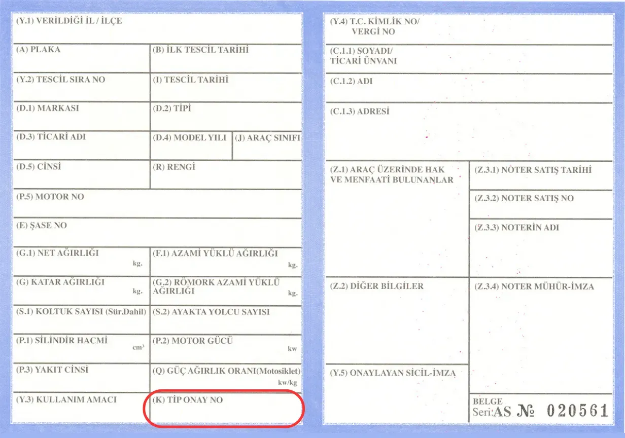 Ruhsat üzerinde tip onay numarasının bulunduğu alan